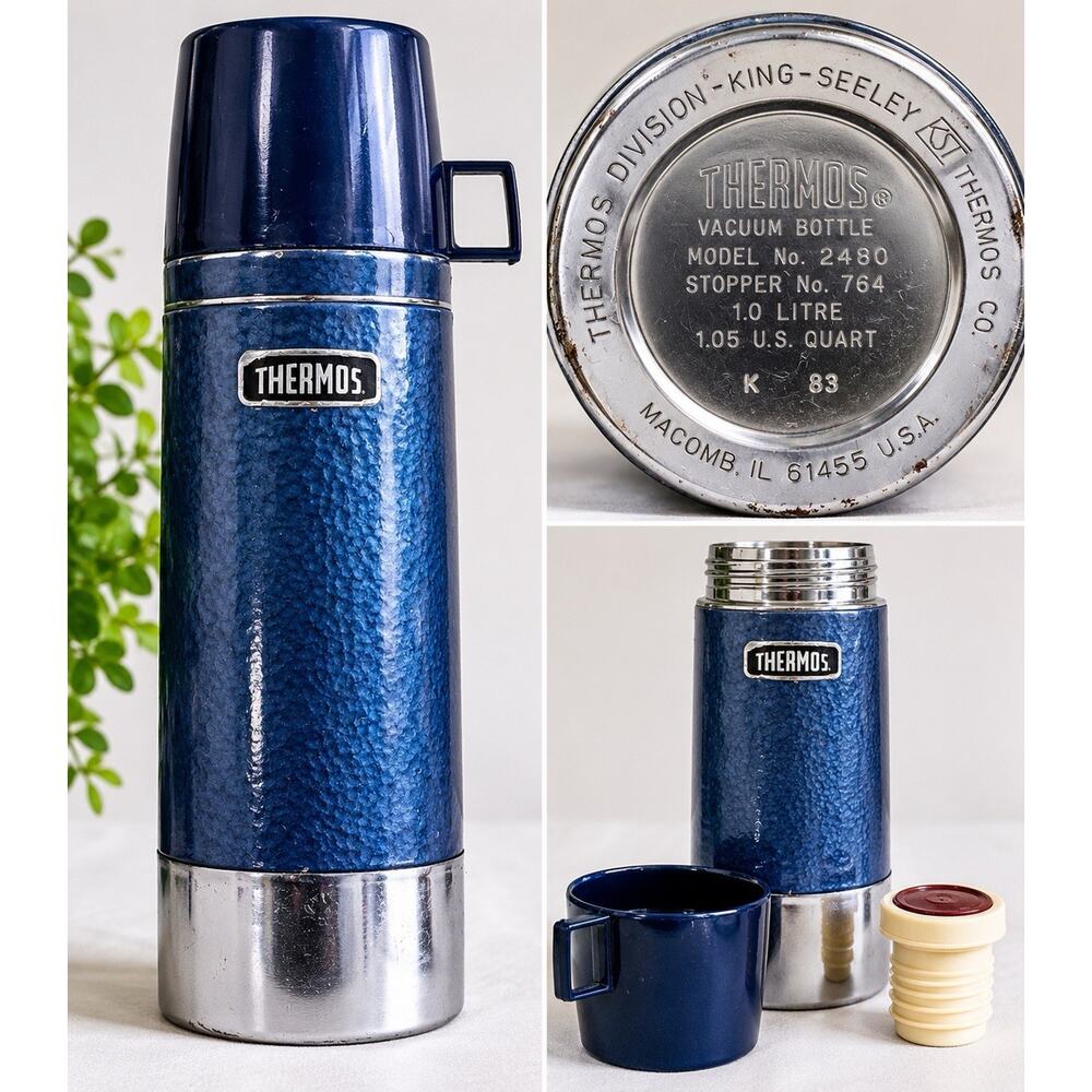 Vintage Thermos Model 2480 1 Liter Vacuum Bottle Blue USA Camping Picnic